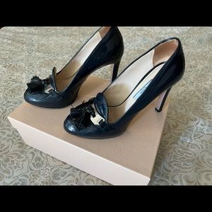 Prada patent navy high heel loafers